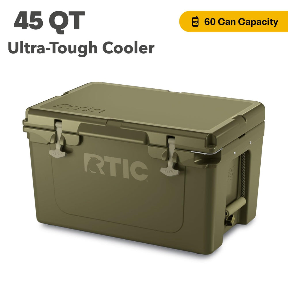 RTIC 45QT cooler with lid open showing built-in bottle opener and lid storage.