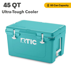 RTIC 45 QT cooler open lid reveals thick insulation and generous interior space.