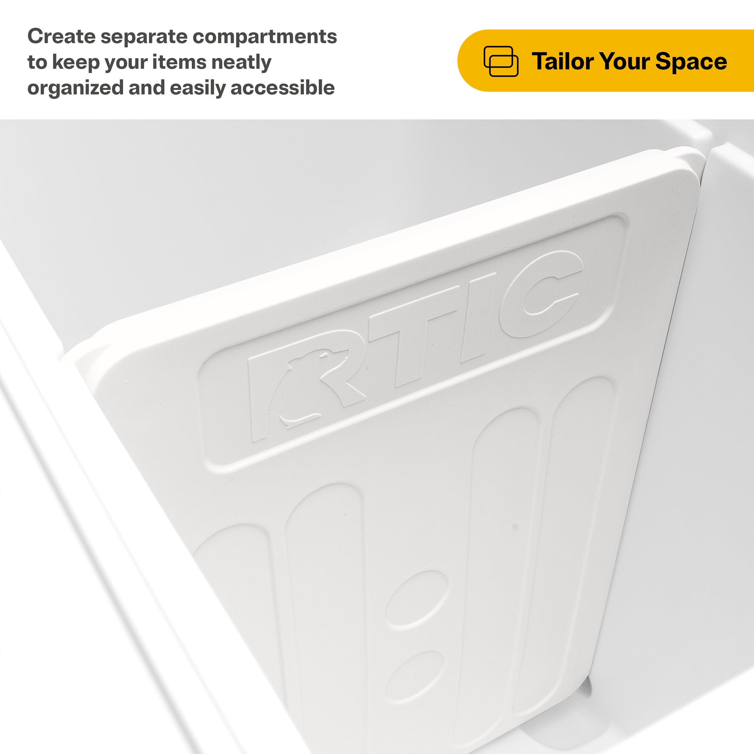 RTIC divider organization image demonstrates optimized space for snacks and drinks.