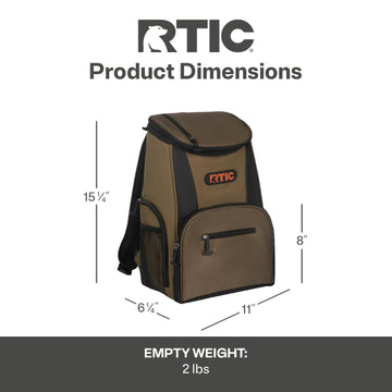 RTIC olive backpack cooler open with snacks to illustrate organized interior.