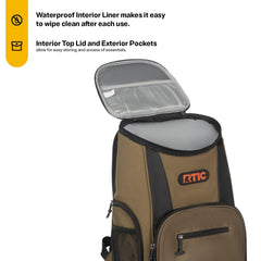 RTIC olive backpack cooler side pockets ready for water bottles during activities.