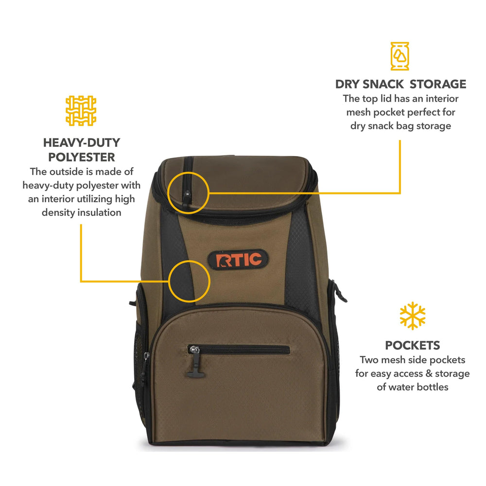 RTIC olive backpack cooler top pocket shown for snacks or small items.