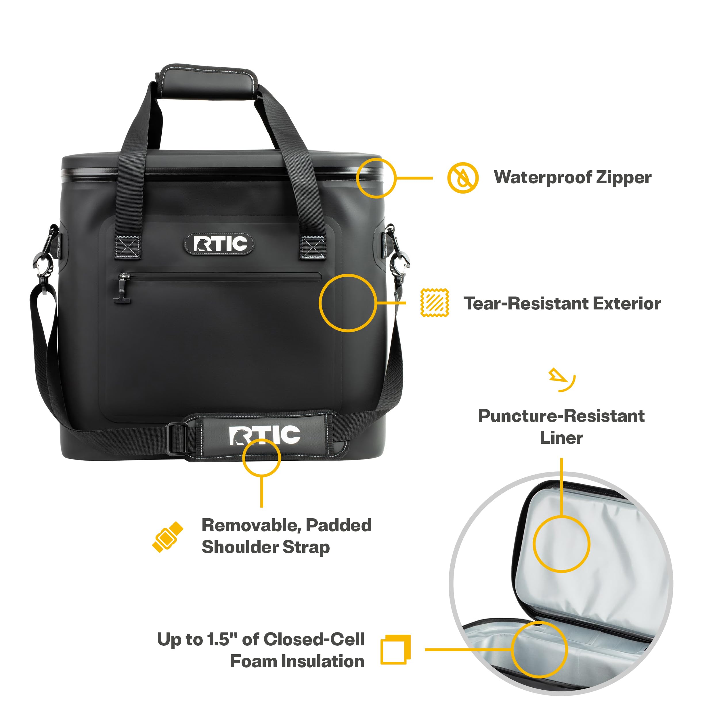 RTIC Soft Cooler 40 Can rugged nylon shell for everyday use.