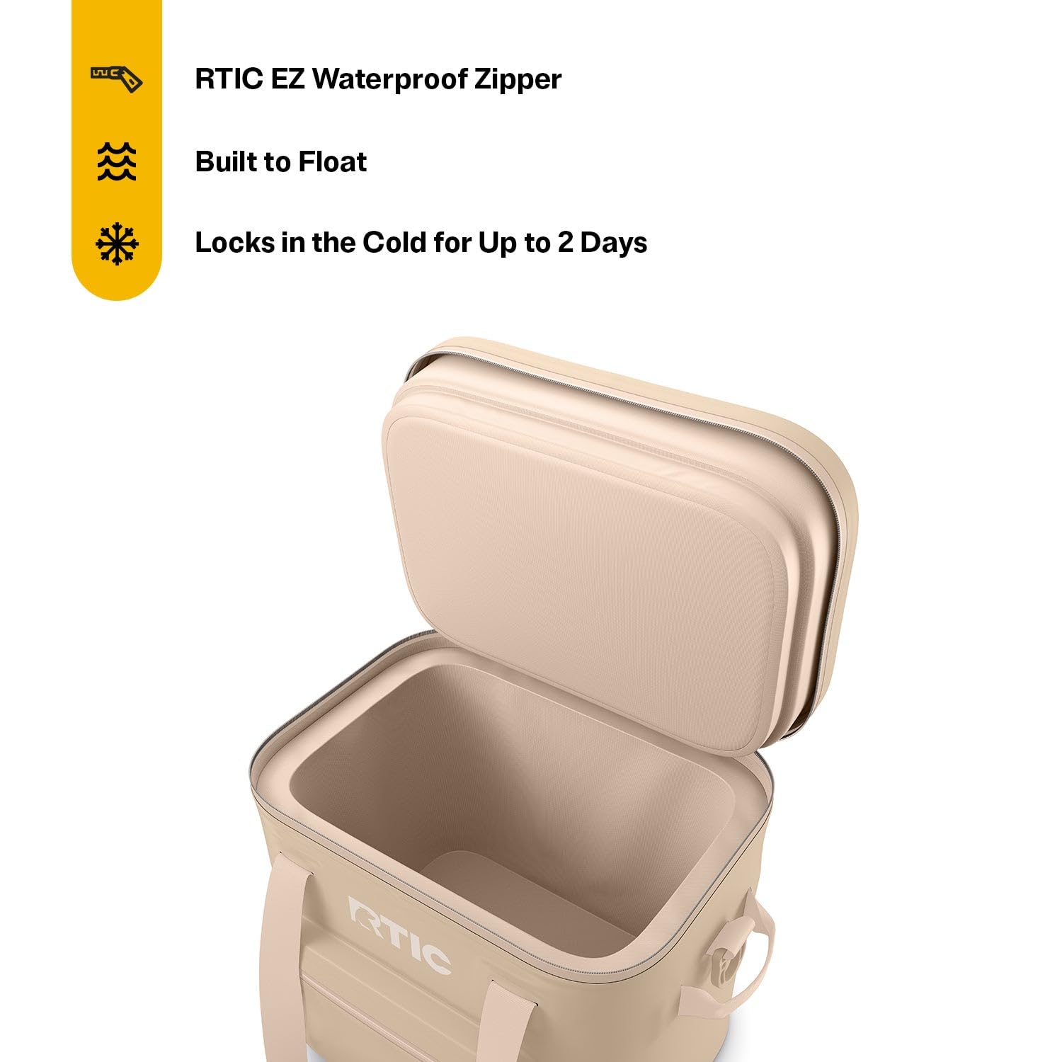 RTIC Soft Cooler Pro Cold Lock Lid seals in cold for quick access to drinks.