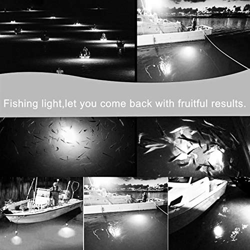 Box contents showing the underwater fishing light with 5 m cord and battery clip