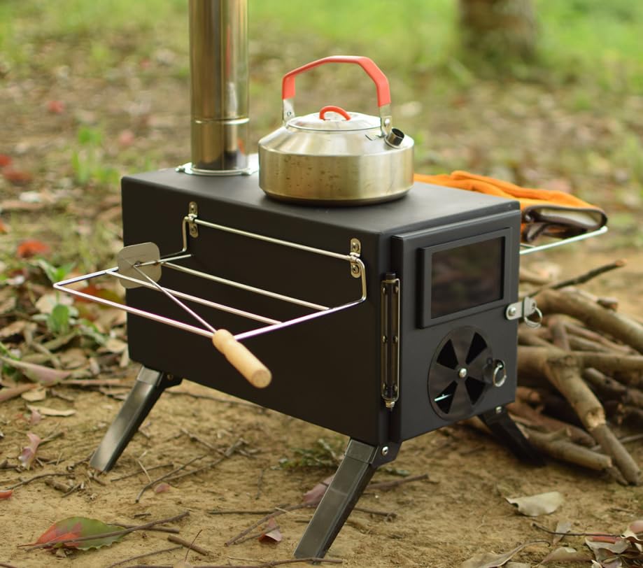 Ruaizel hot tent stove with side shelves for extra utensil storage while camping.
