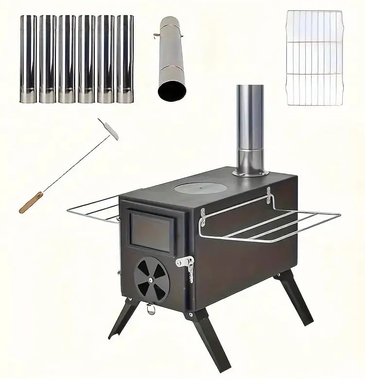 Ruaizel portable wood stove with chimney for versatile camping warmth and cooking.