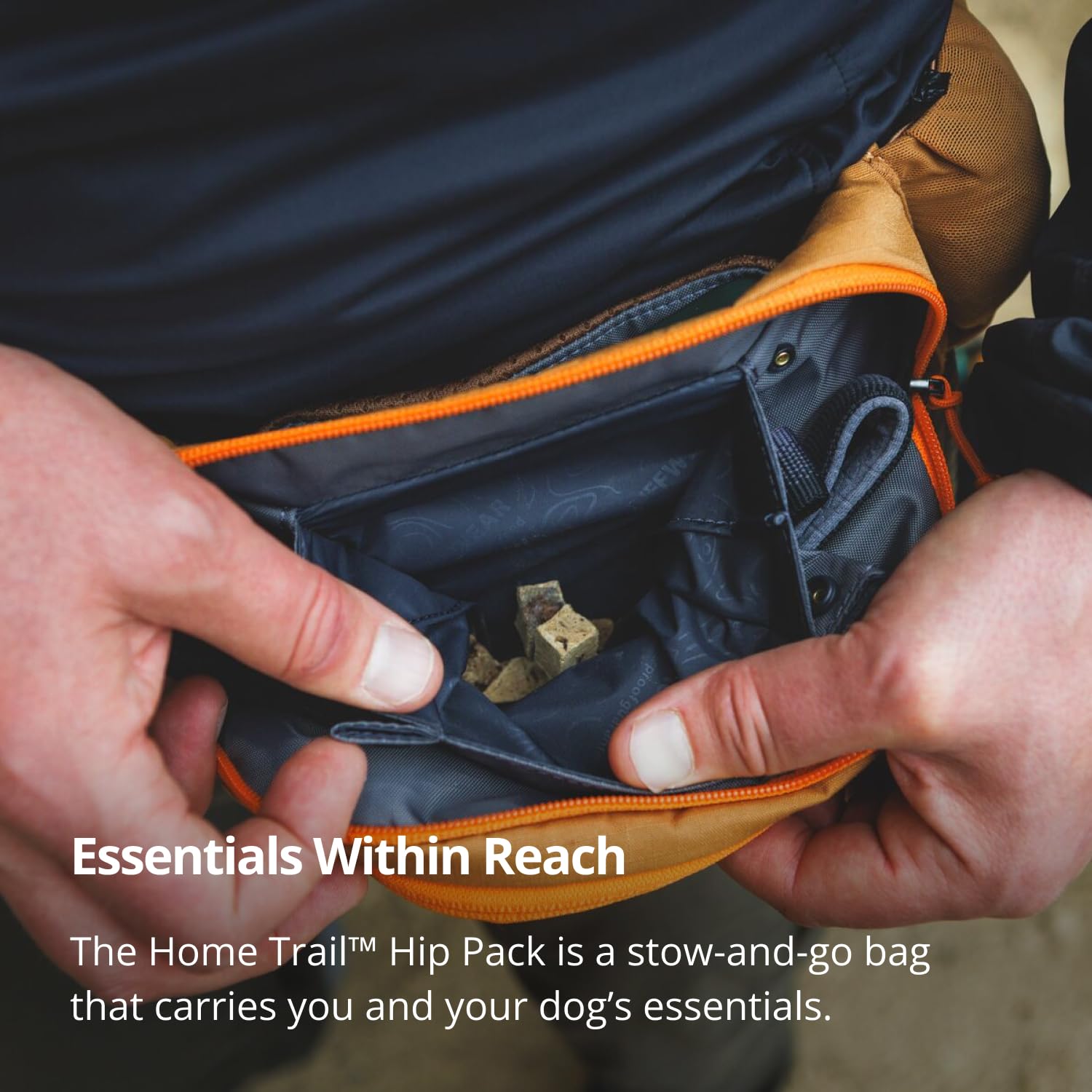 Ruffwear Home Trail Hip Pack external mesh bag holder for quick waste pickup.