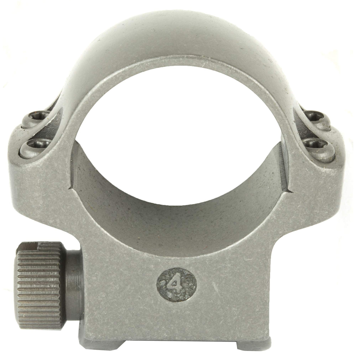 Ruger Standard Ring 1-Inch Medium 4KTG front view shows grey stainless finish and sturdy construction.
