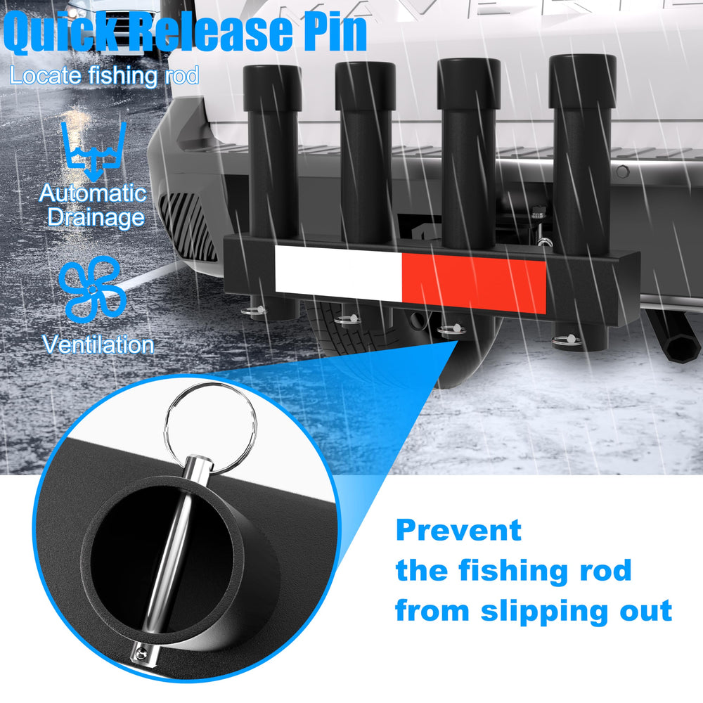 Close-up of quick-release pin with pull ring for secure rod positioning