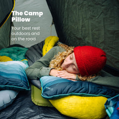 Rumpl adjustable camp pillow two sides shown for customizable outdoor temperature