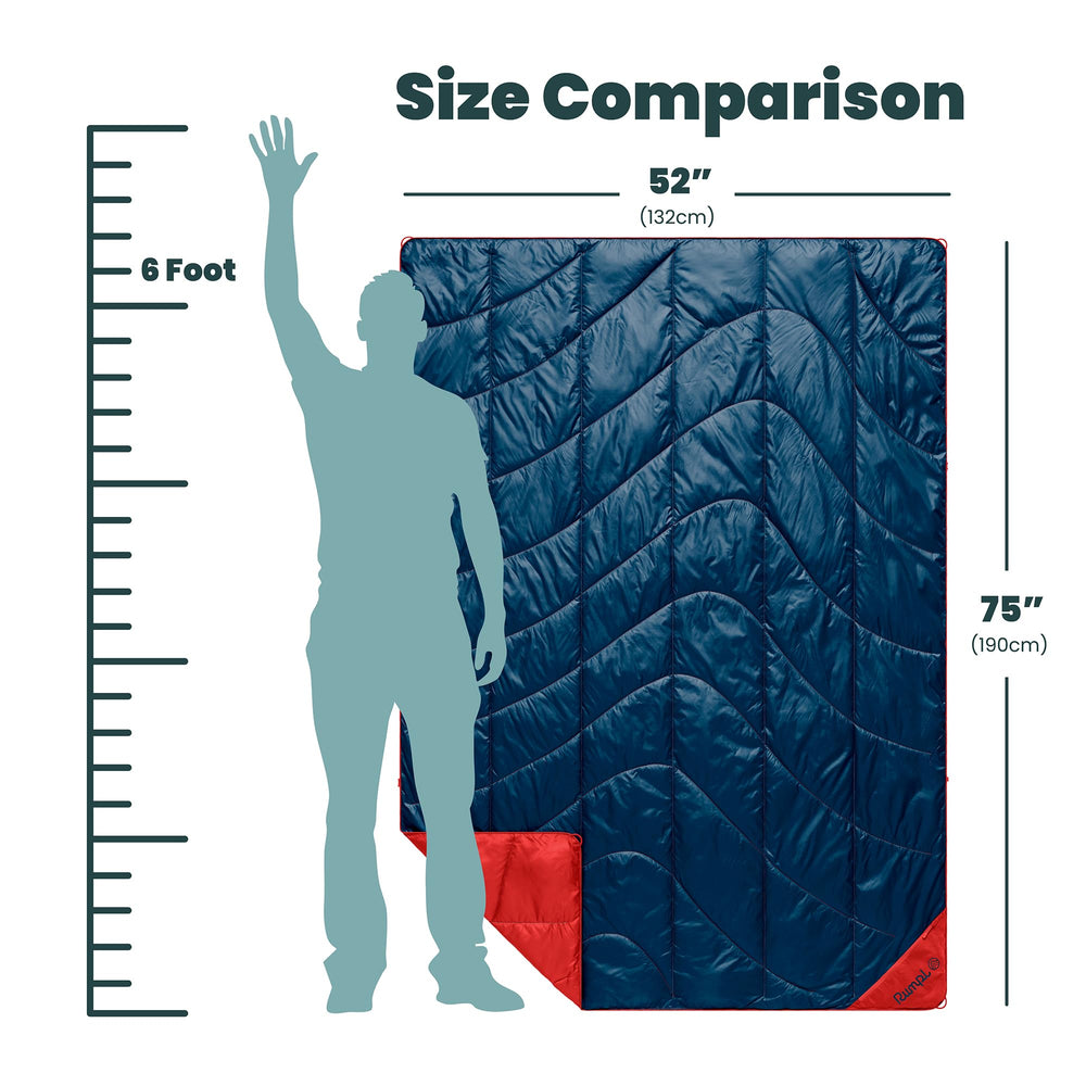 Rumpl Backcountry Puffy Blanket at a campsite delivering outdoor warmth and shelter.