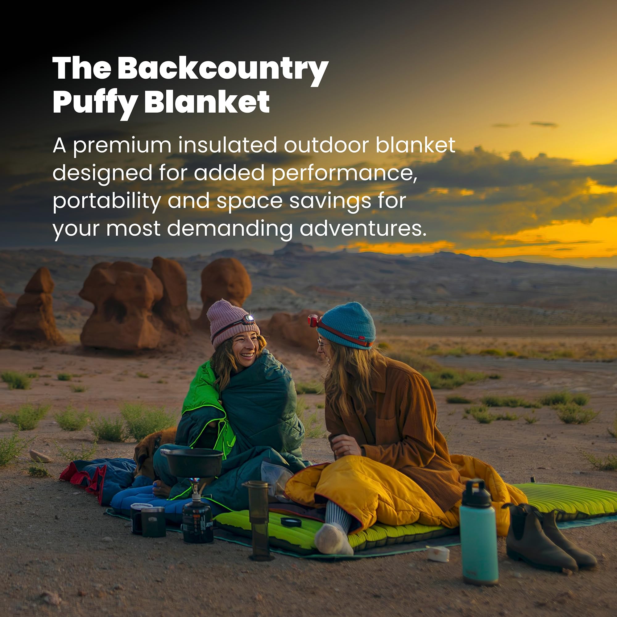 Rumpl Backcountry Puffy Blanket Moraine Mist measures 52x75 inches for solo use