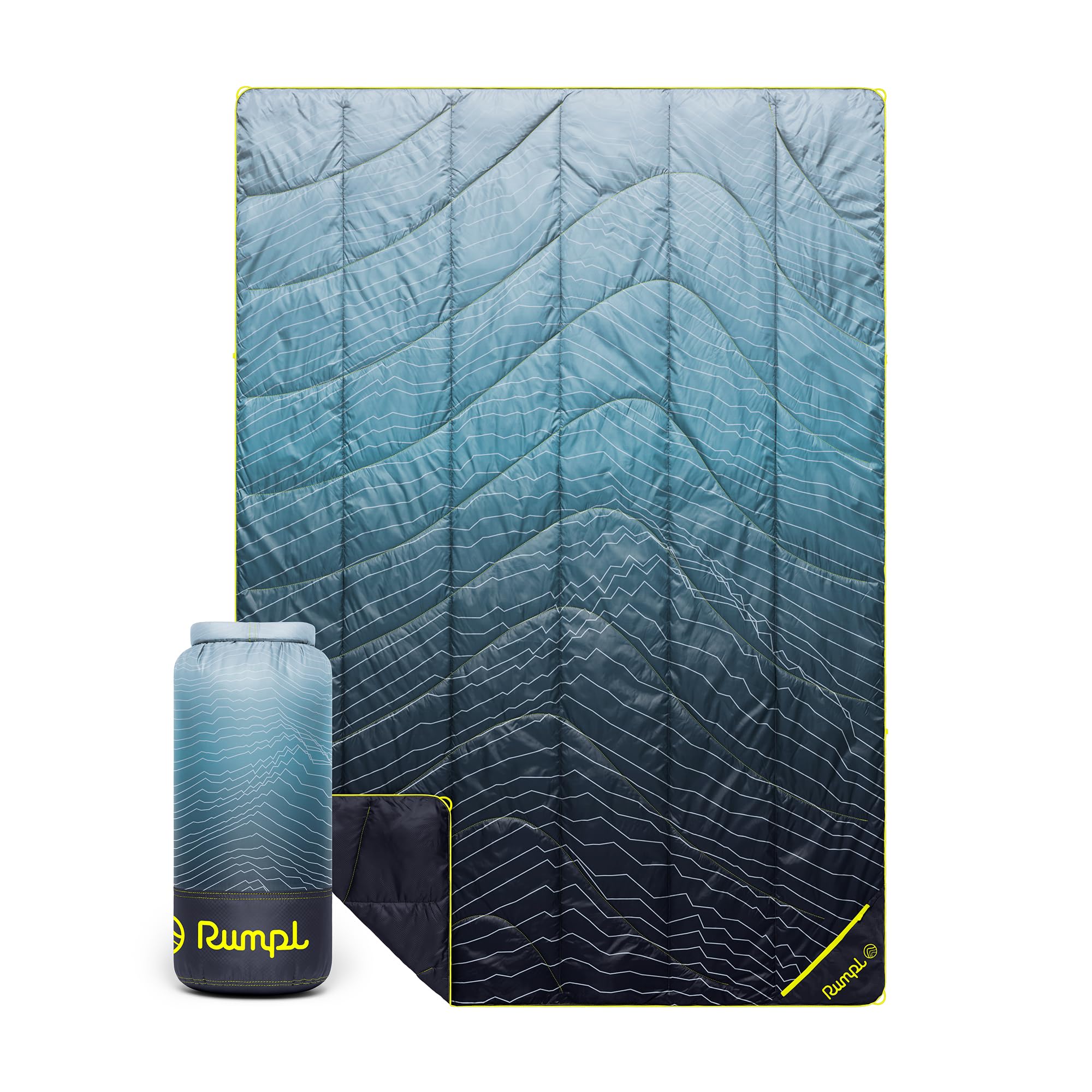 Rumpl Backcountry Puffy Blanket Moraine Mist folded in roll-top bag for easy transport