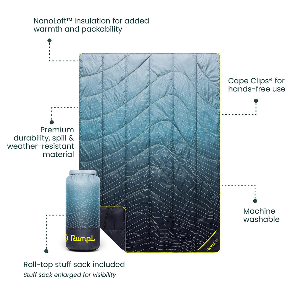 Rumpl NanoLoft insulation highlights warmth retention and loft in Moraine Mist