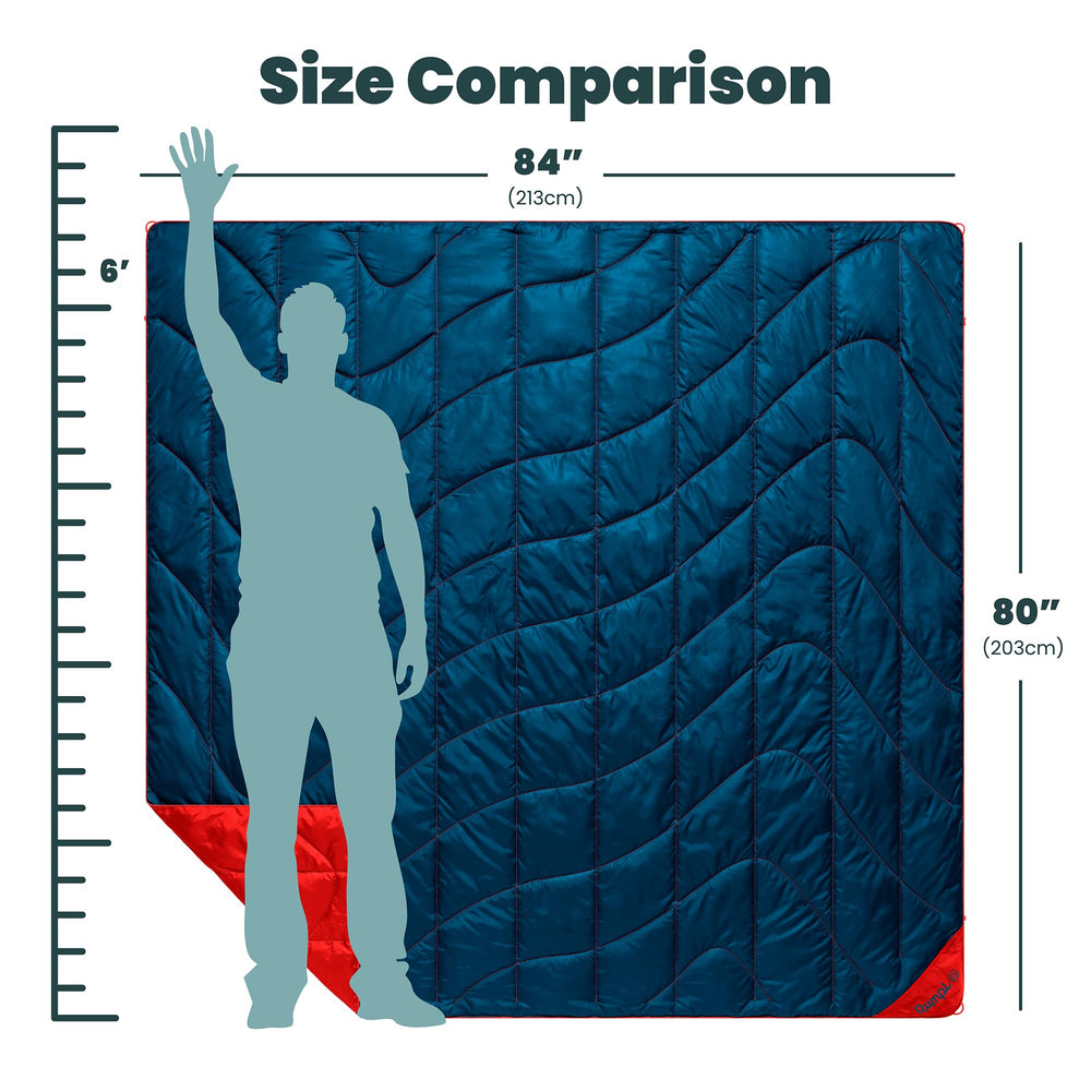 Rumpl Backcountry Puffy Blanket laid flat at 80x84 inches for two-person camping