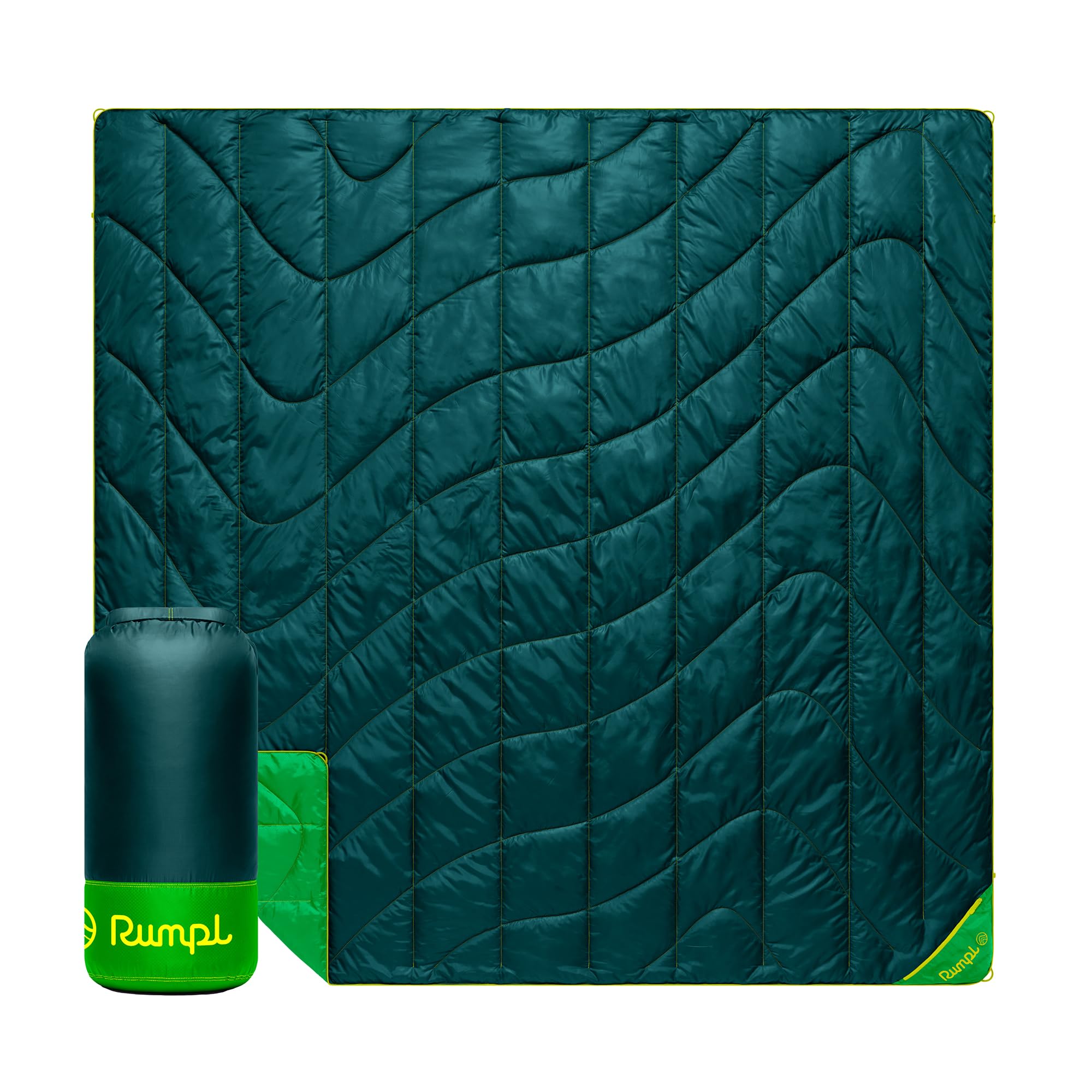 Rumpl Backcountry Puffy Blanket Sea Moss unfolded for two-person warmth