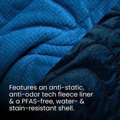 Rumpl fleece puffy blanket Deepwater at campsite for outdoor warmth.