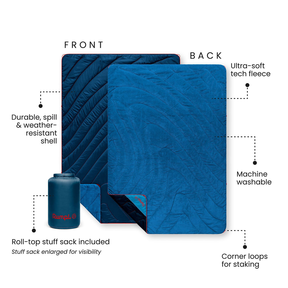 Rumpl fleece puffy blanket Deepwater on couch for cozy indoor relaxation.