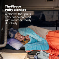 Rumpl fleece puffy blanket Deepwater rolled pack demonstrates compact portability.
