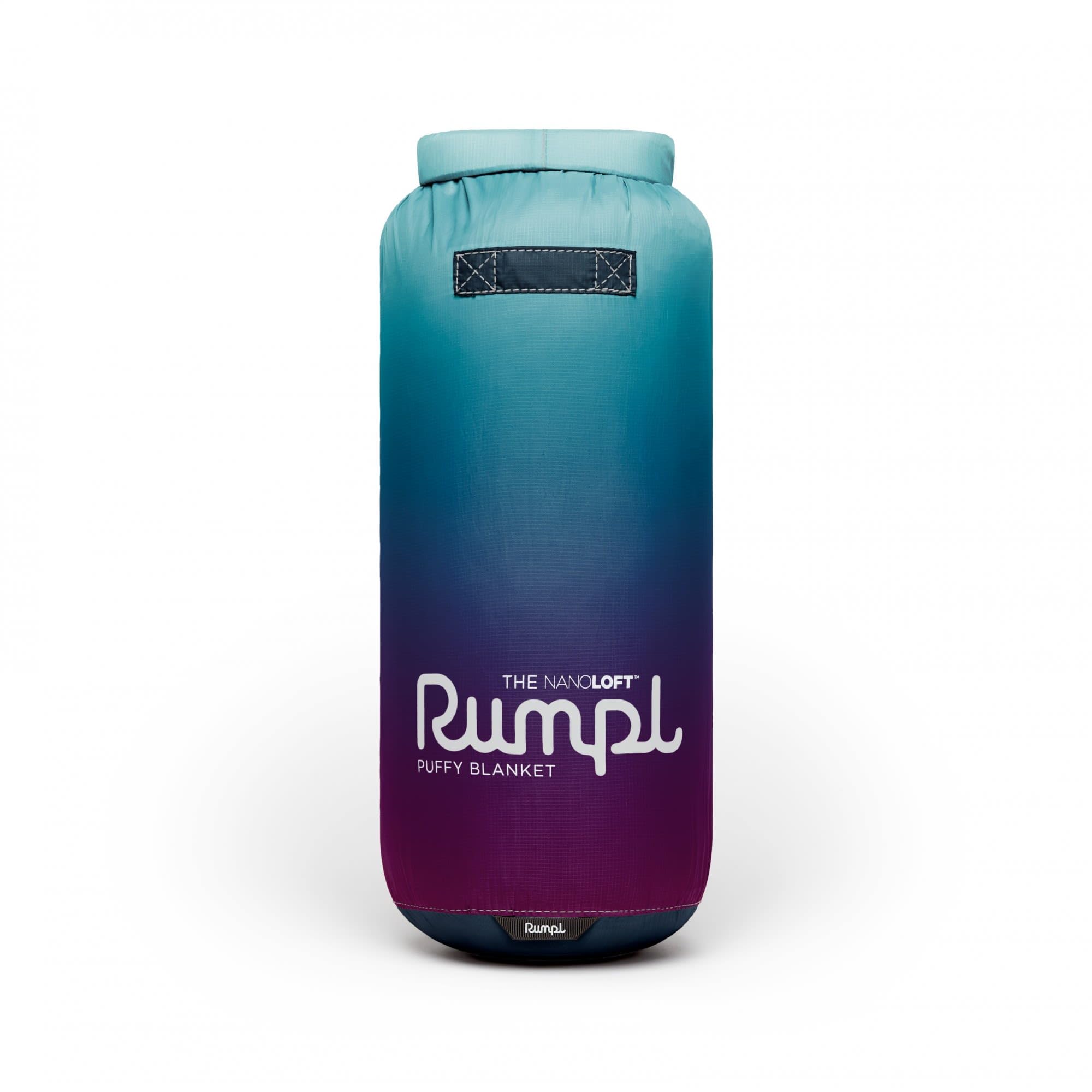 Rumpl Nanoloft Puffy Blanket packable with stuff sack and corner loops for staking