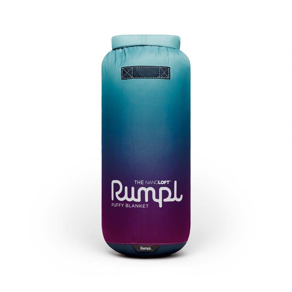 Rumpl Nanoloft Puffy Blanket packable with stuff sack and corner loops for staking