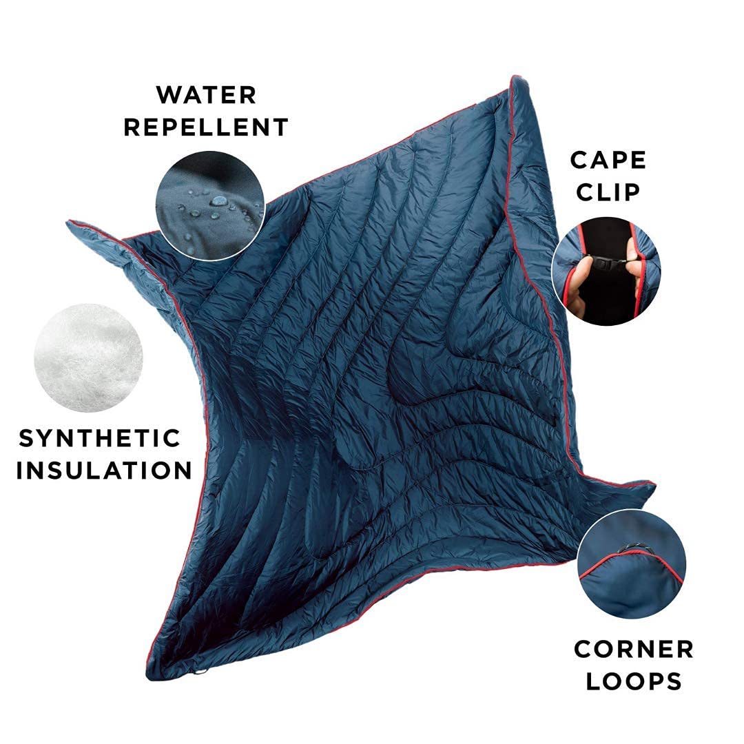 The Rumpl Original Puffy 2P blanket with Cape Clip provides hands-free warmth.