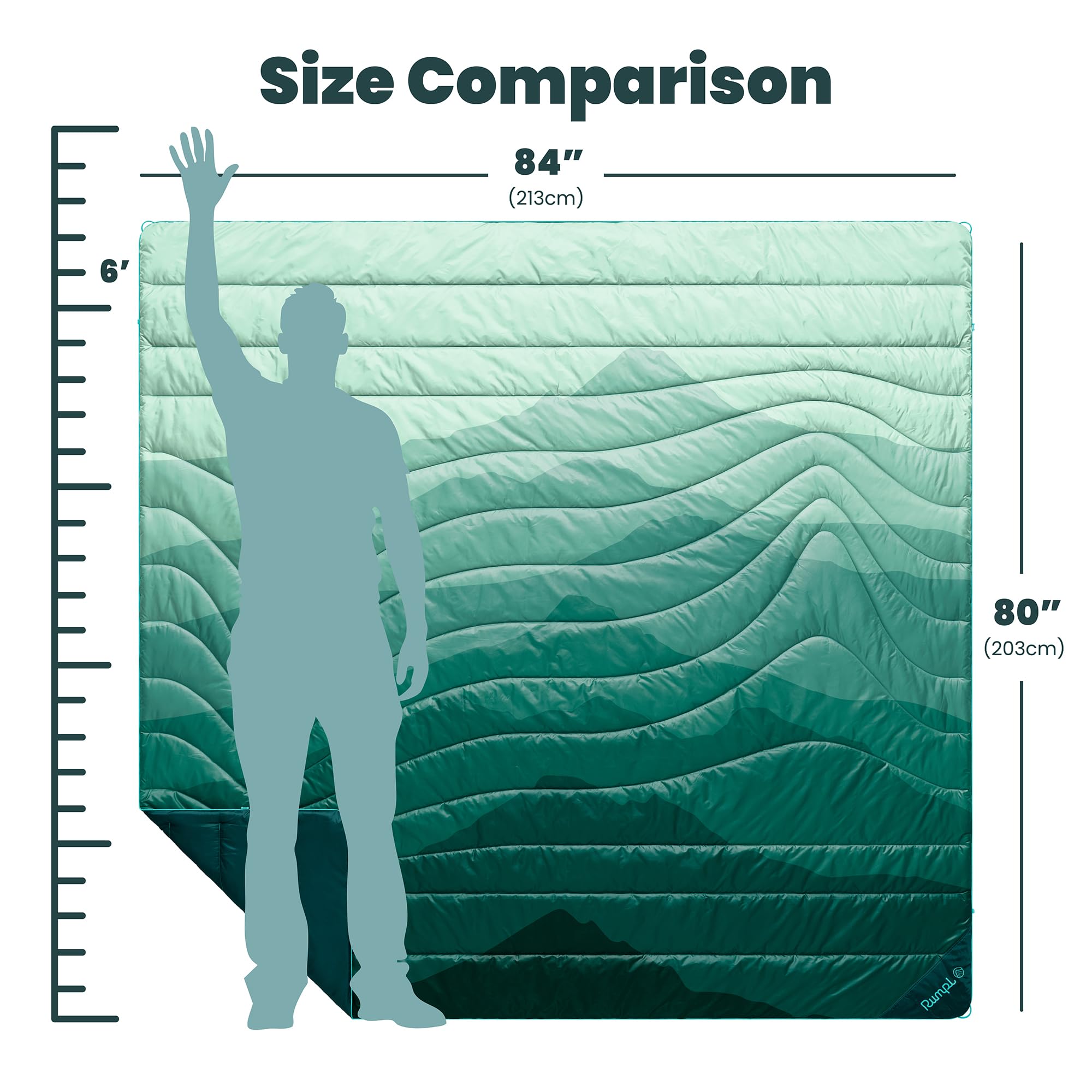 Rumpl Original Puffy Blanket 52x75 inches laid flat for solo adventures.