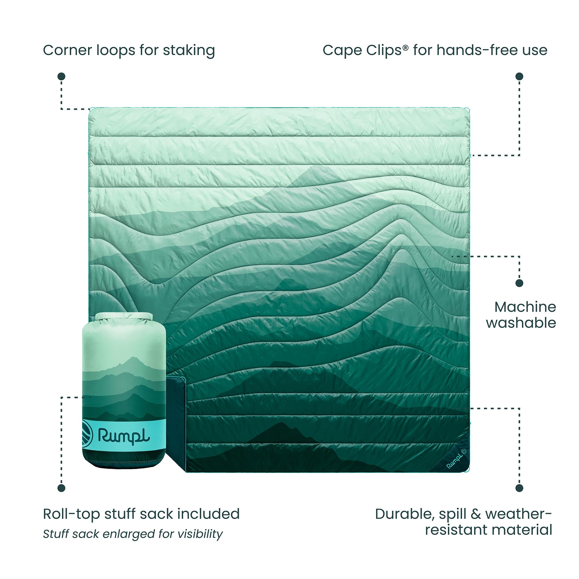 Rumpl Original Puffy Blanket Cape Clip enables hands-free warmth outdoors.