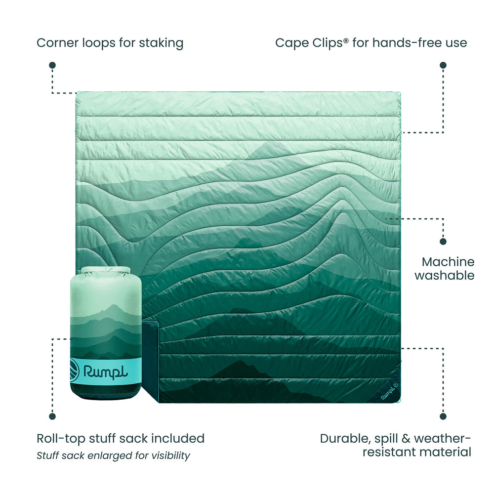 Rumpl Original Puffy Blanket Cape Clip enables hands-free warmth outdoors.