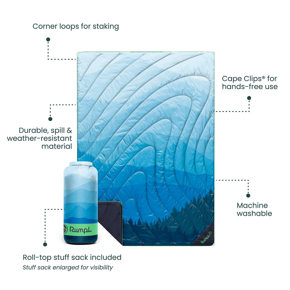 Rumpl Original Puffy Blanket corner staking loops with Everywhere Mat
