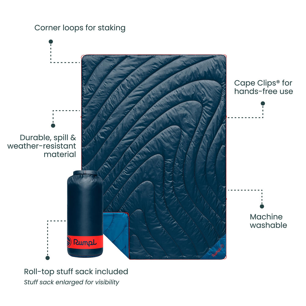 Rumpl Original Puffy Blanket corner staking loops enabling secure ground setup.