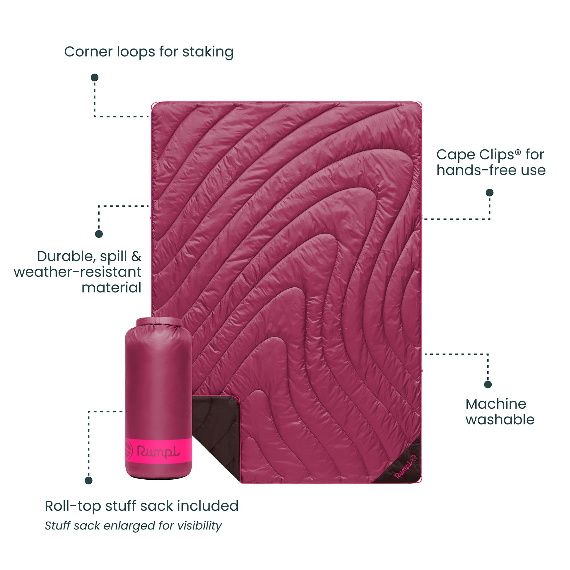 Rumpl Original Puffy Blanket corner staking loops secure it to ground or mat.