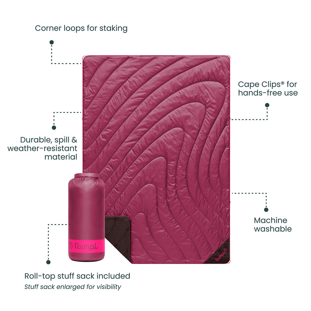 Rumpl Original Puffy Blanket corner staking loops secure it to ground or mat.
