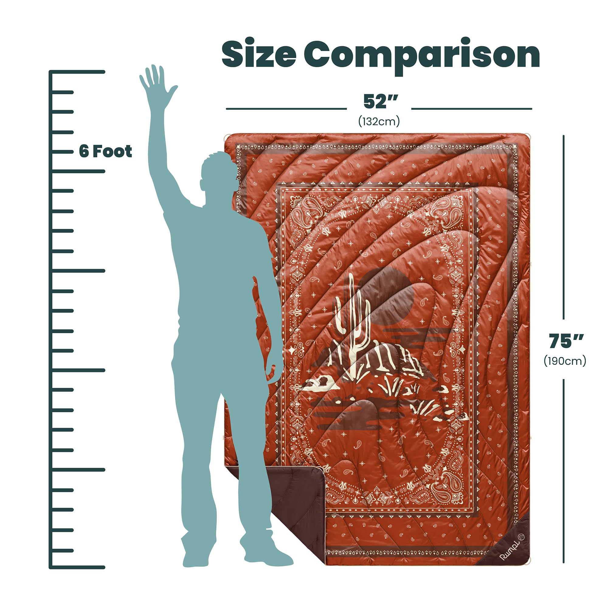 Rumpl Original Puffy Blanket corner stake near ground shows secure outdoor lounging