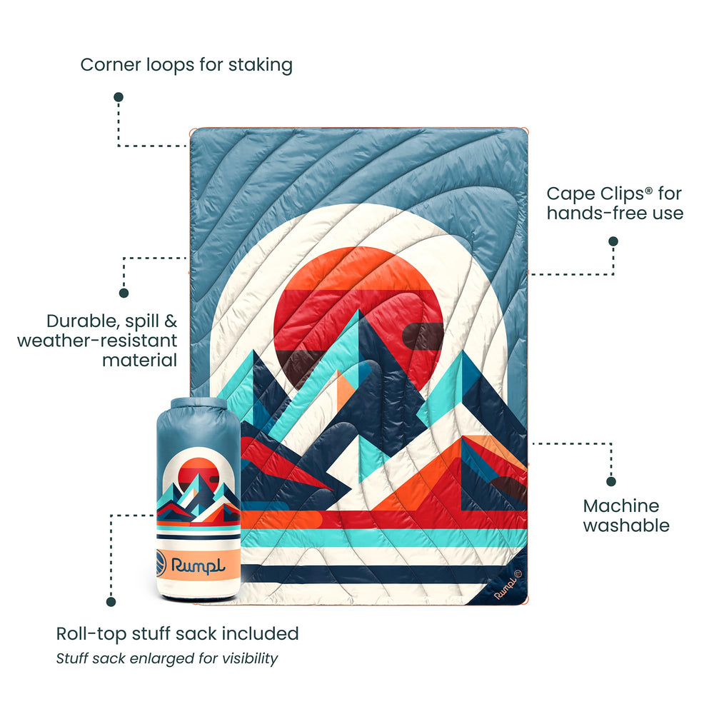 Rumpl Original Puffy Blanket dimensions 52x75 image showcases broad coverage