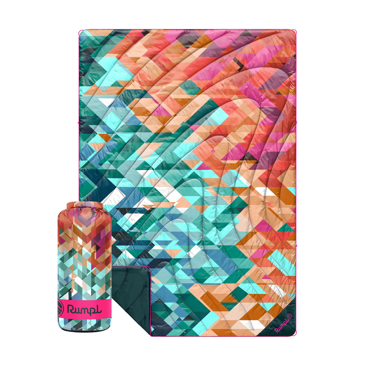 Rumpl Original Puffy Blanket laid flat showing 52x75 size for picnics and chilly evenings.