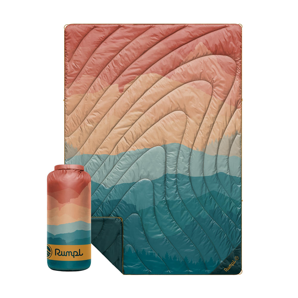 Rumpl Original Puffy Blanket front view with water-repellent shell for outdoor protection.