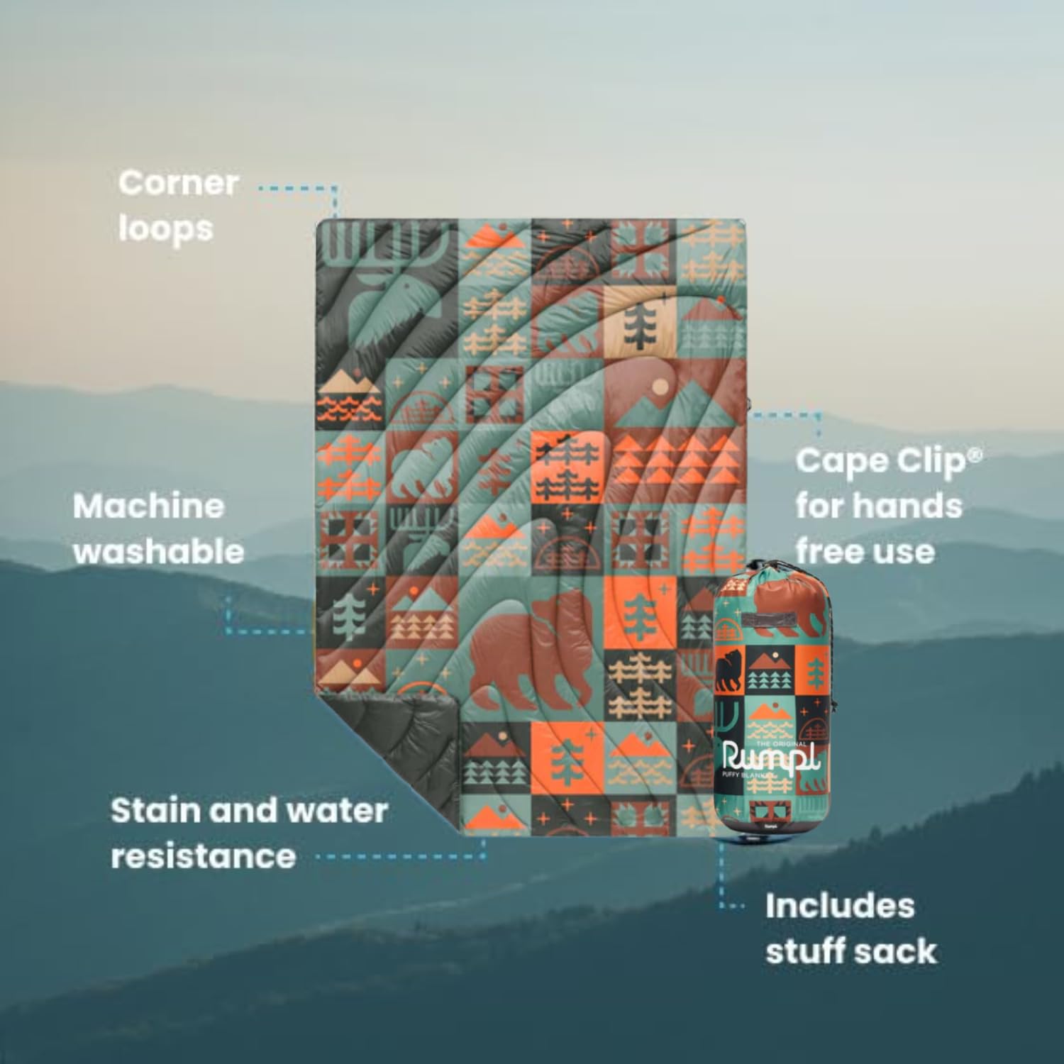 Rumpl Original Puffy Blanket insulation detail with recycled fill for warmth outdoors.