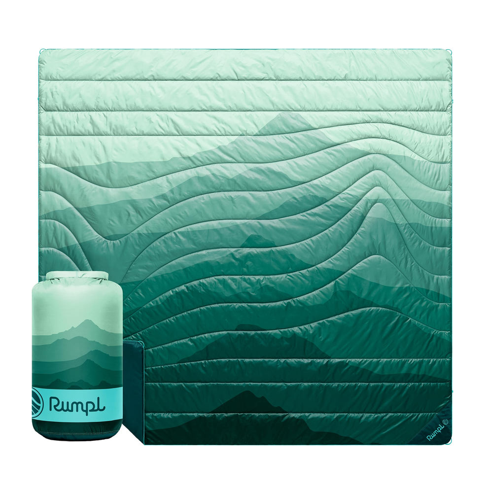 Rumpl Original Puffy Blanket, packable roll-top bag, easy to carry on camping trips.