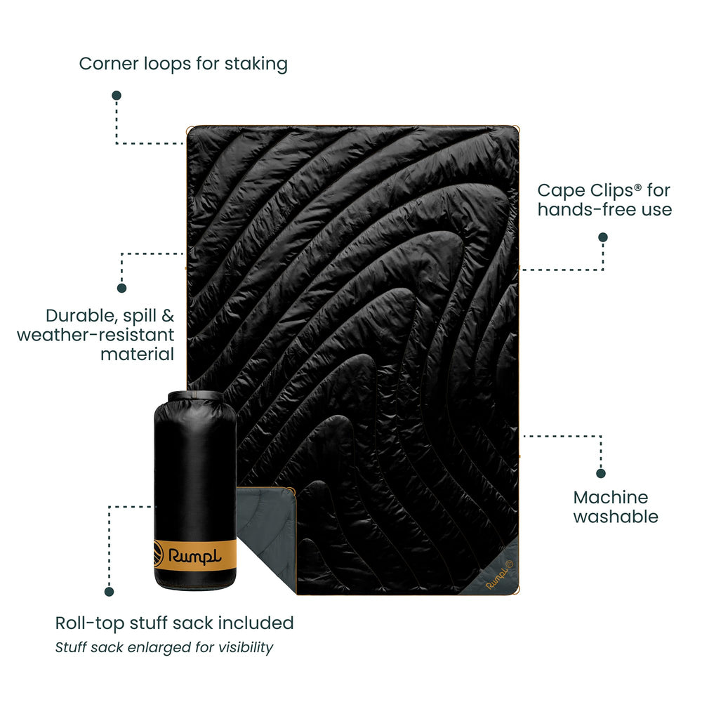 Rumpl Original Puffy Blanket paracord corners keep it secured on ground