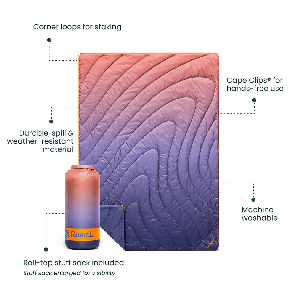 Rumpl Original Puffy Blanket roll-top sack demonstrates portable design.