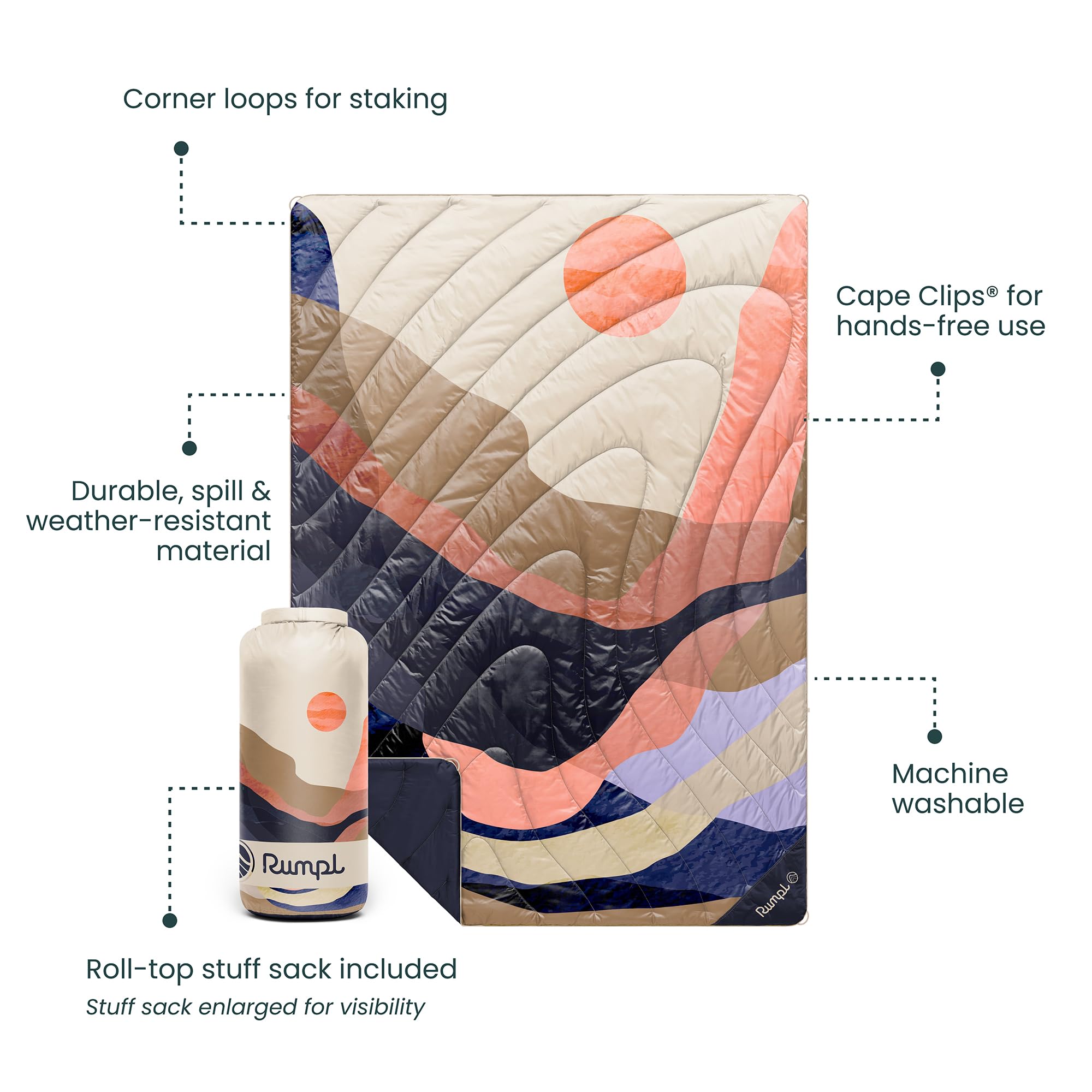 Rumpl Original Puffy Blanket Valley Dawn 240 gsm RenewaLoft for lightweight warmth.