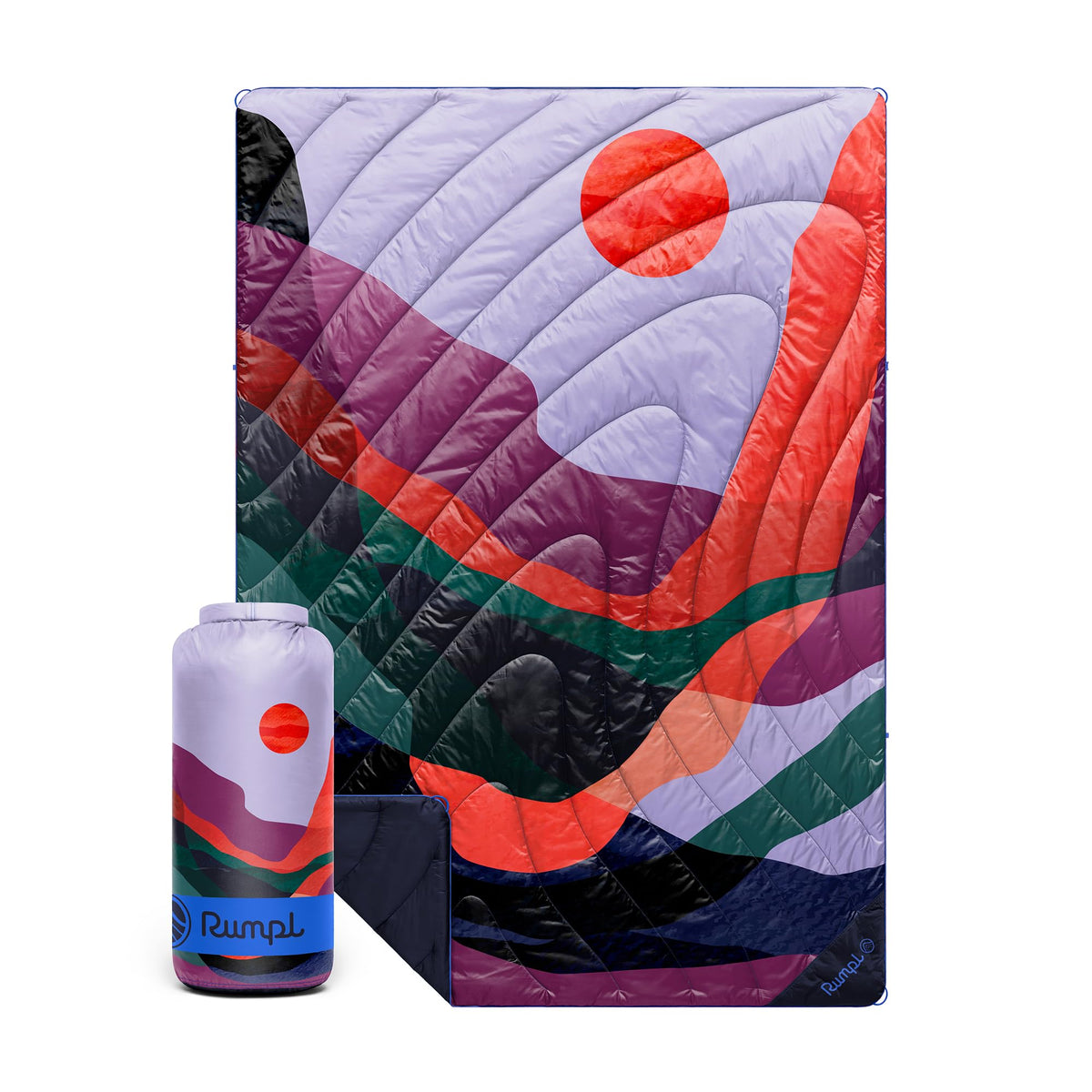 Rumpl Original Puffy Blanket Valley Dusk laid flat for campsite warmth.