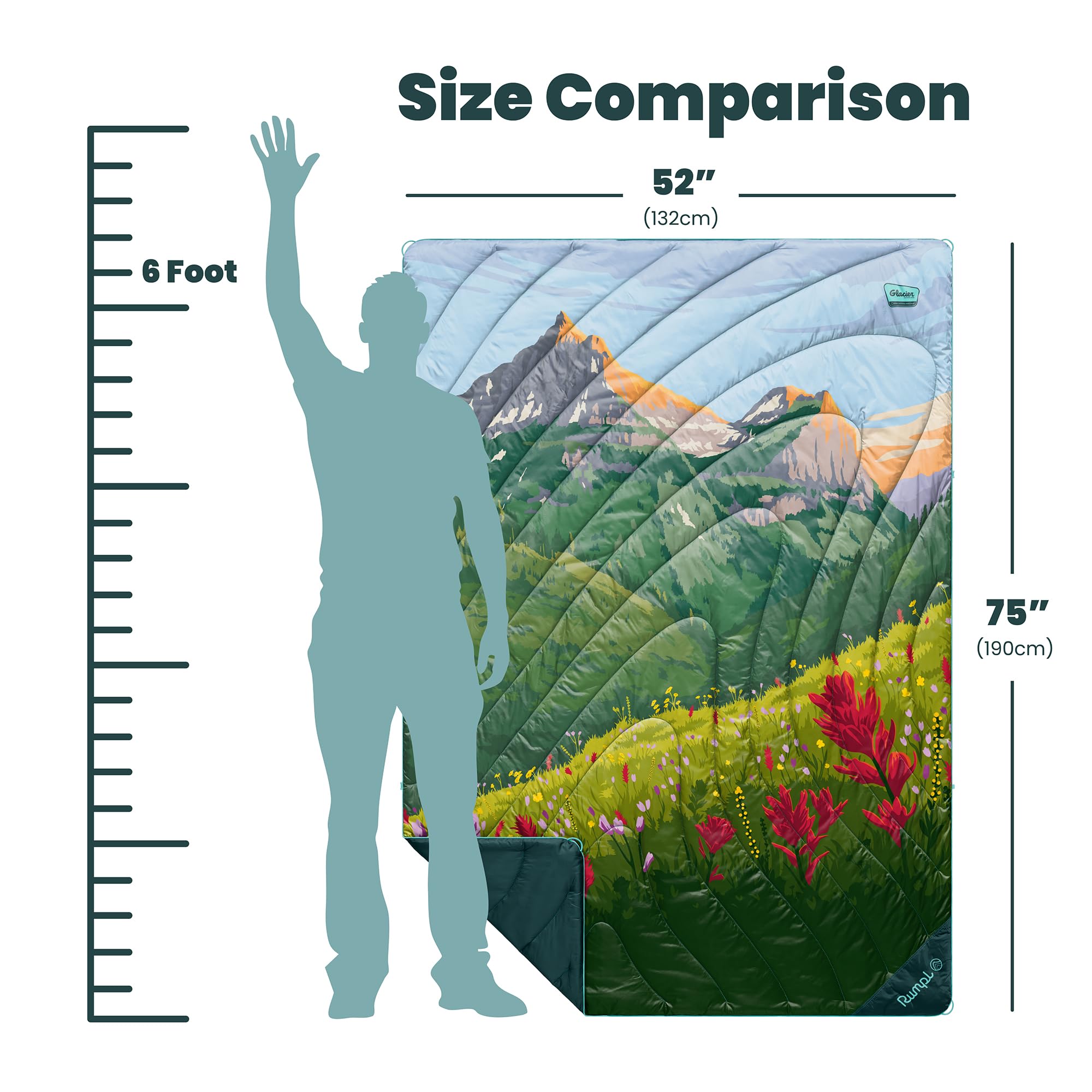 Rumpl blanket opened to 52x75 inches for campsite seating