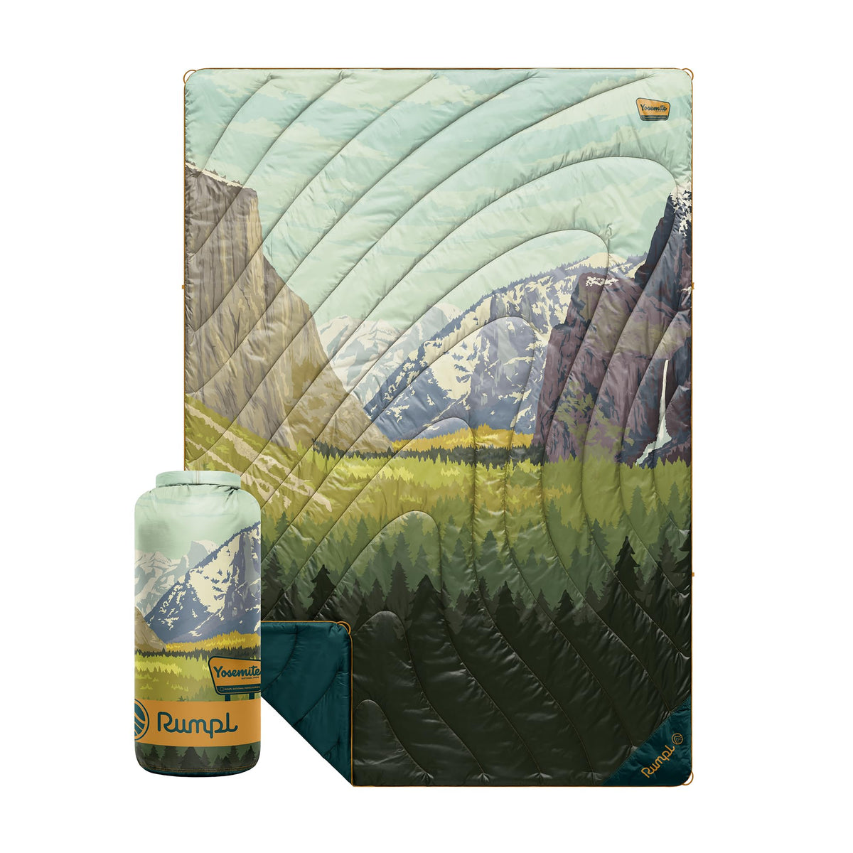 Rumpl Original Puffy Yosemite blanket packed in its bag for portable warmth on the trail.