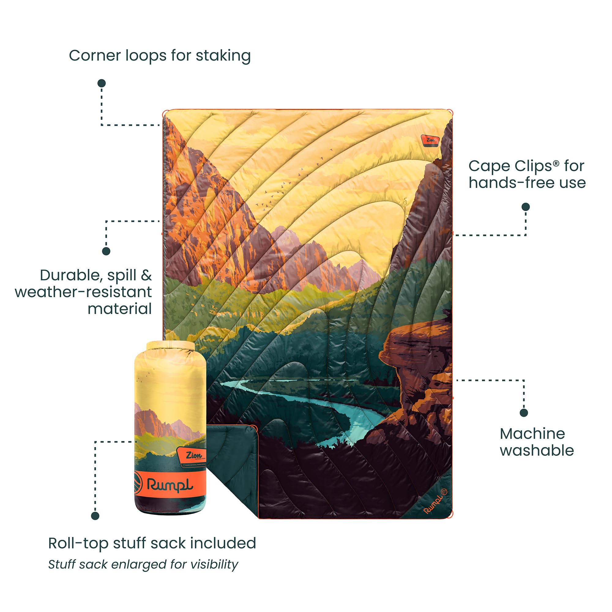Rumpl Original Puffy Zion blanket ground-stake loops help keep it secure on windy campsites.