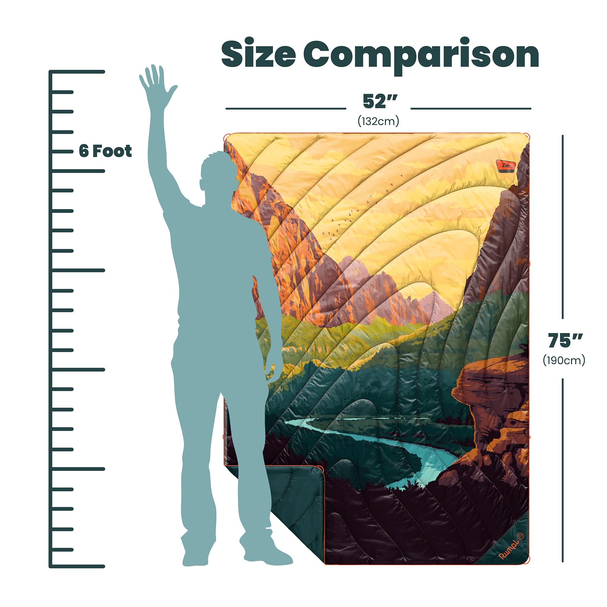 Rumpl Original Puffy Zion blanket DWR shell highlights water resistance for damp camp conditions.