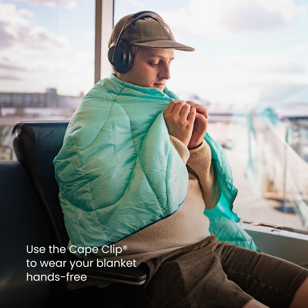Rumpl blanket with Cape Clip ready for hands-free wear