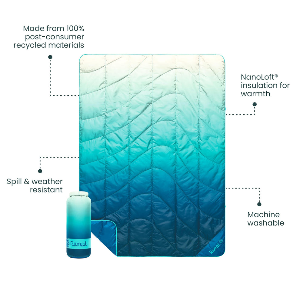 Rumpl Travel Puffy Blanket with recycled shell demonstrates eco-friendly materials
